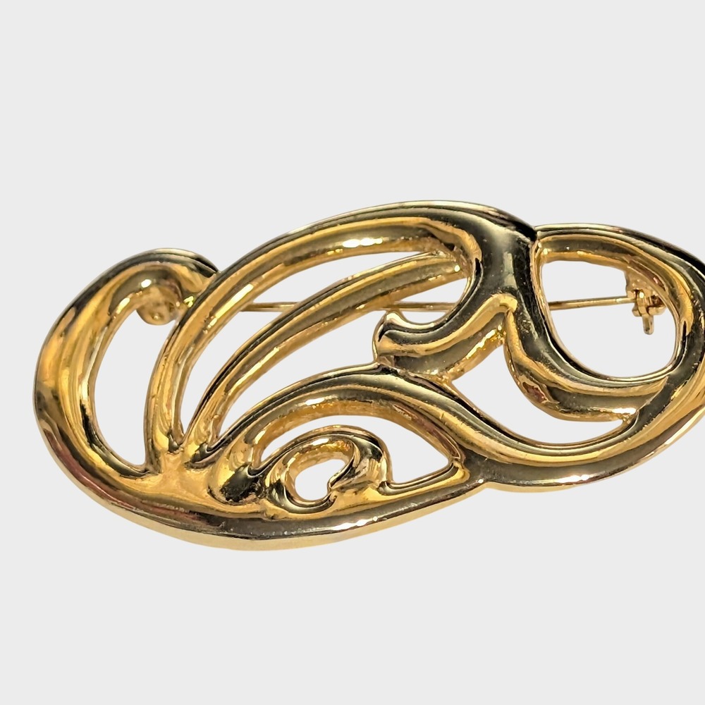 Vintage Brooch Pin Gold Tone Metal Abstract Swirl Openwork Unisex Retro 90s